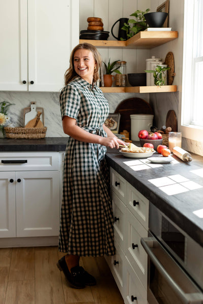 'Mae' Green Gingham A-Line Cotton Shirtdress