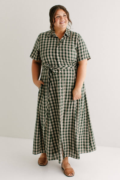 'Mae' Green Gingham A-Line Cotton Shirtdress