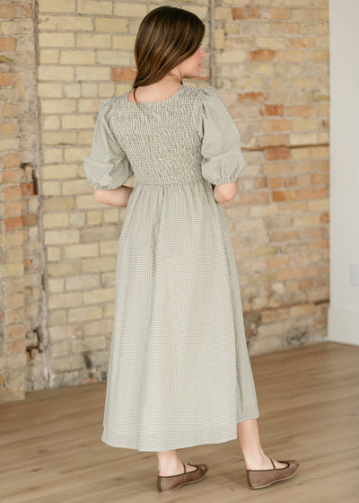 Kayleen Olive Gingham Smocked Bodice Maxi Dress
