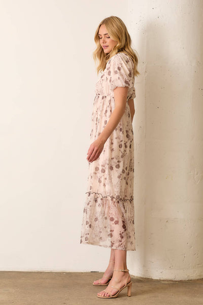PRINTED FLORAL WOVEN BUBBLE SLEEVE DRESS
