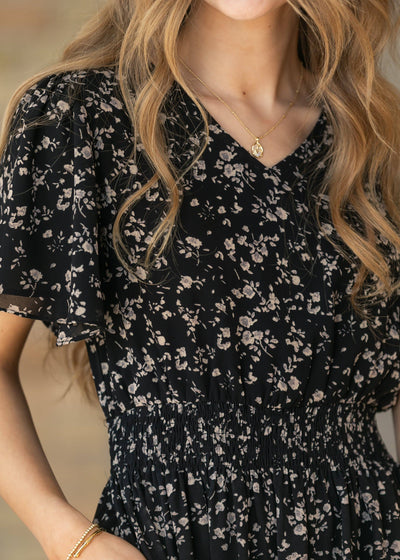 Isabella Black Floral Flutter Sleeve Maxi Dress