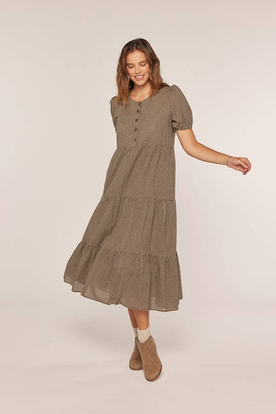 Half Button Gingham Tiered Dress