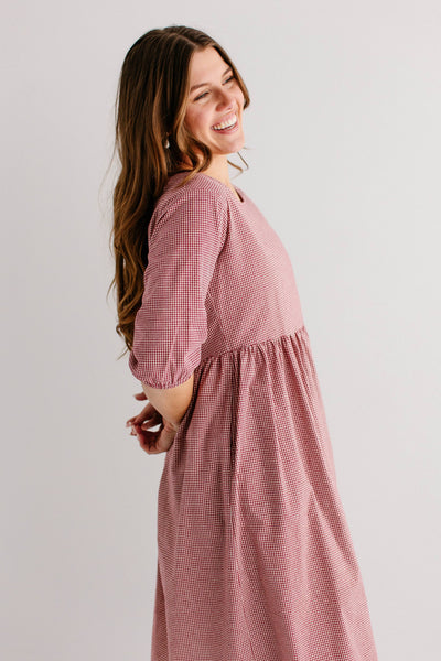 'Beth' Square Neck Gingham Midi Dress