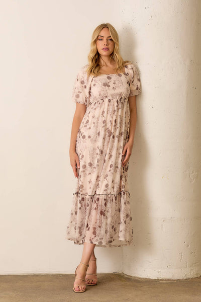PRINTED FLORAL WOVEN BUBBLE SLEEVE DRESS