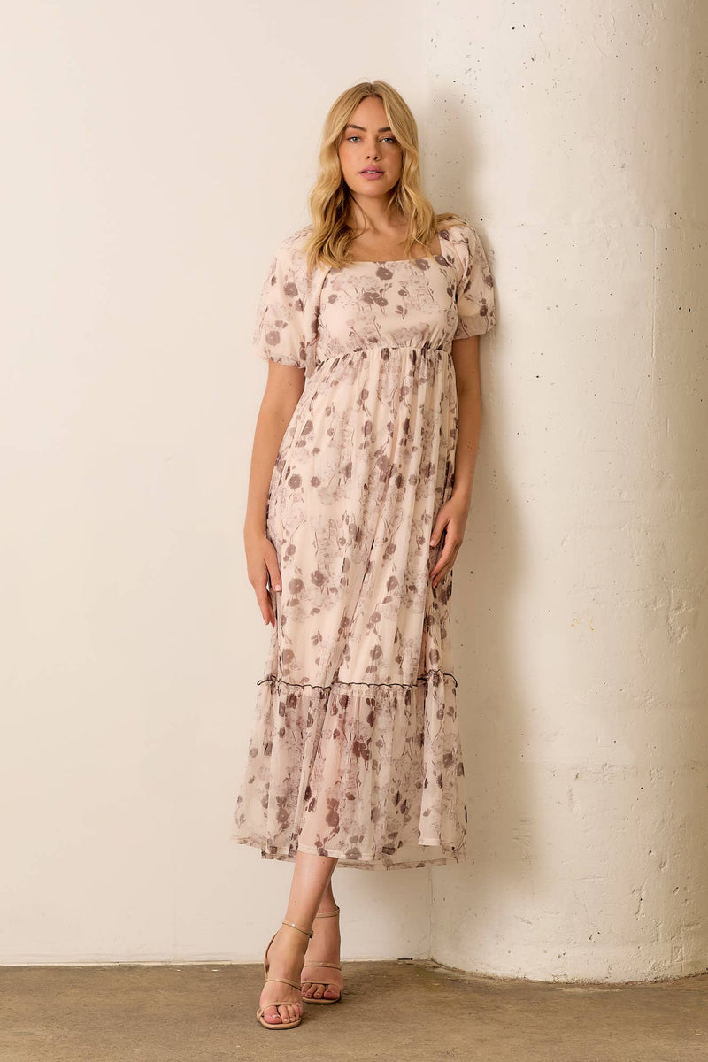 PRINTED FLORAL WOVEN BUBBLE SLEEVE DRESS