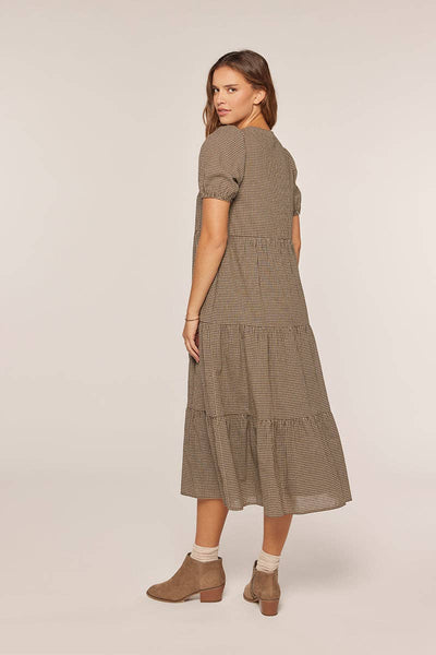 Half Button Gingham Tiered Dress
