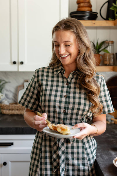 'Mae' Green Gingham A-Line Cotton Shirtdress