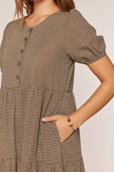 Half Button Gingham Tiered Dress