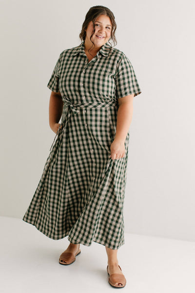 'Mae' Green Gingham A-Line Cotton Shirtdress