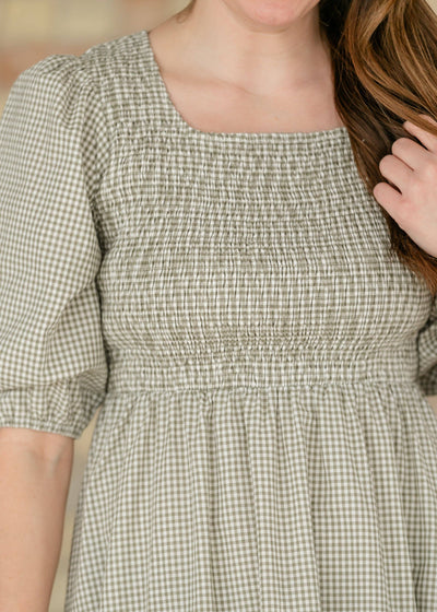Kayleen Olive Gingham Smocked Bodice Maxi Dress