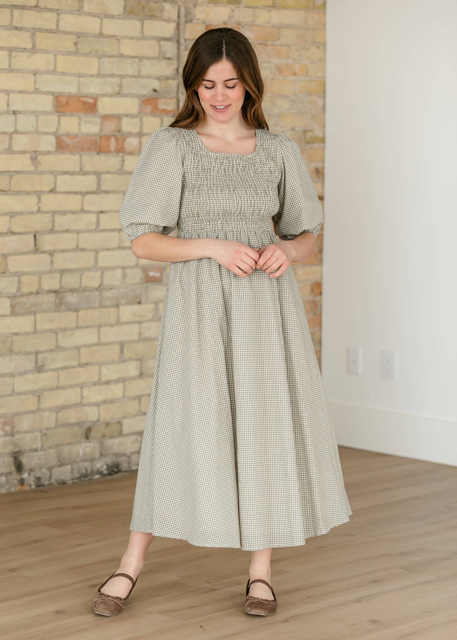 Kayleen Olive Gingham Smocked Bodice Maxi Dress