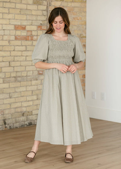 Kayleen Olive Gingham Smocked Bodice Maxi Dress