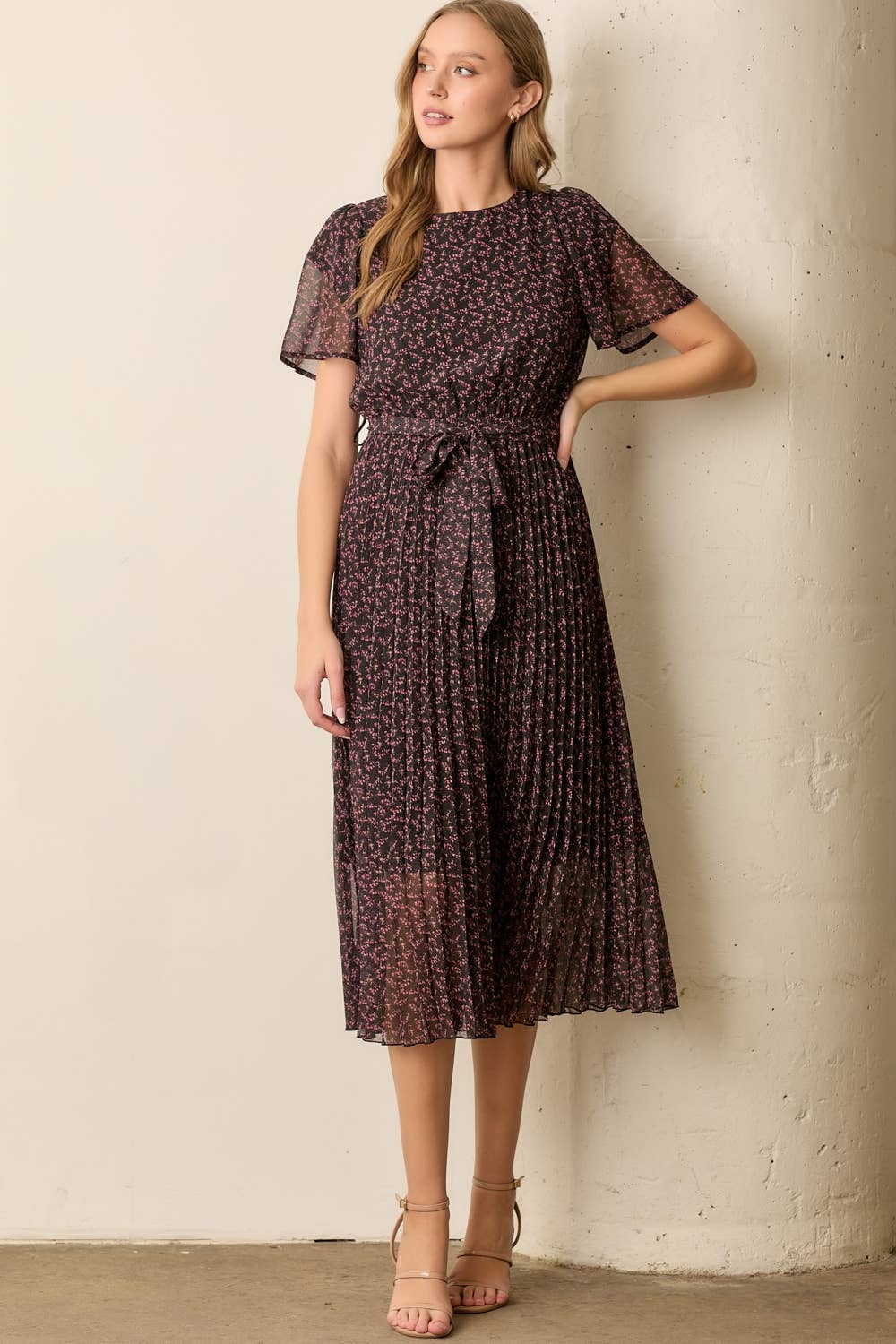 PRINTED FLORAL WAIST TIE MIDI DRESS