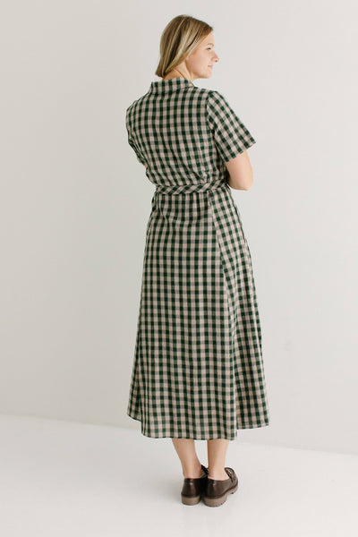 'Mae' Green Gingham A-Line Cotton Shirtdress