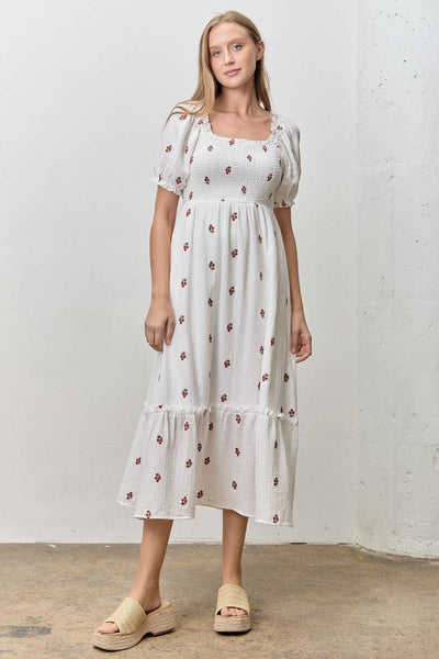 FLORAL EMBROIDERED SQUARE NECK MIDI DRESS