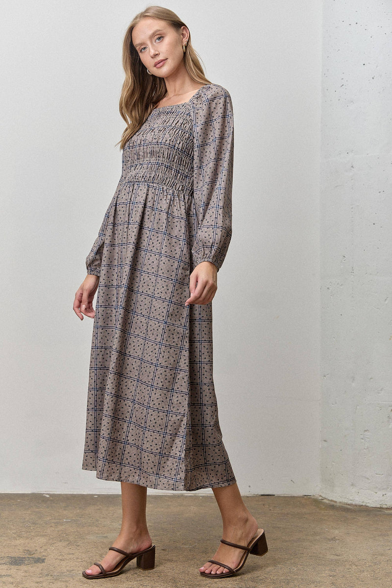 DITSY PLAID SMOCKED MIDI DRESS