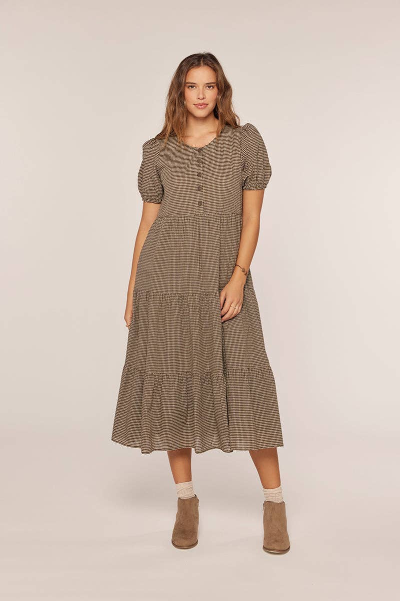 Half Button Gingham Tiered Dress