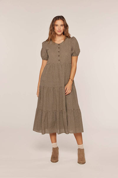 Half Button Gingham Tiered Dress