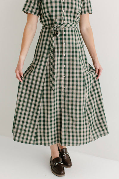 'Mae' Green Gingham A-Line Cotton Shirtdress