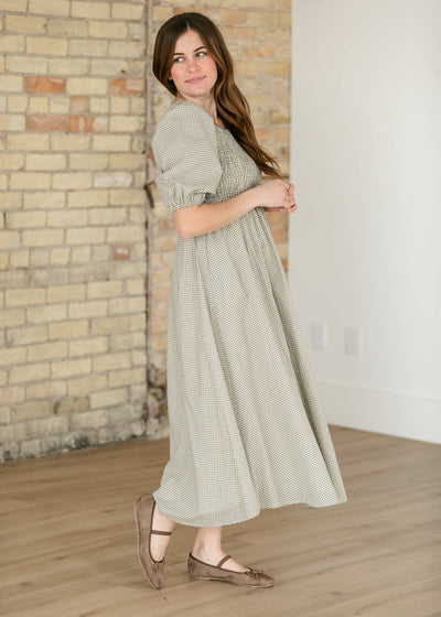Kayleen Olive Gingham Smocked Bodice Maxi Dress