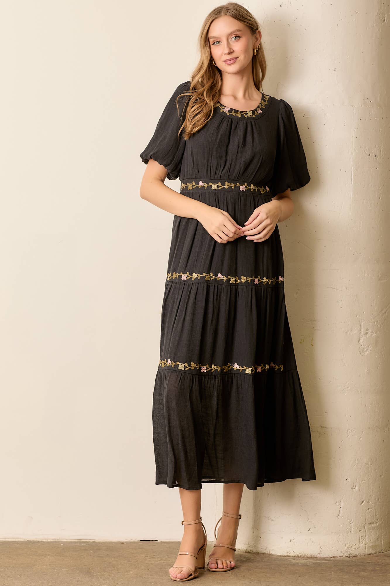 PRINTED FLORAL ROUND NECK MAXI DRESS