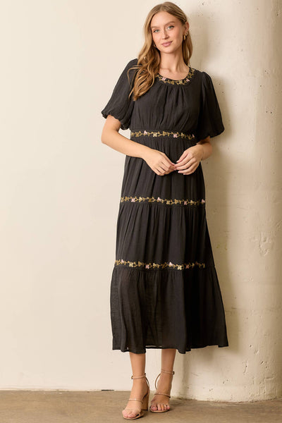 PRINTED FLORAL ROUND NECK MAXI DRESS