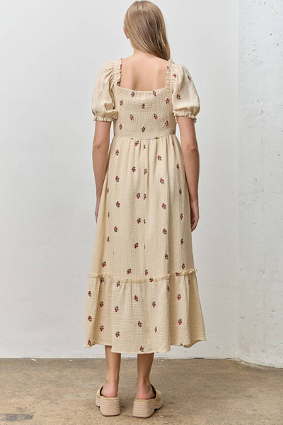 FLORAL EMBROIDERED SQUARE NECK MIDI DRESS