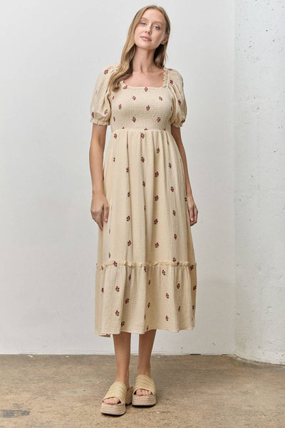 FLORAL EMBROIDERED SQUARE NECK MIDI DRESS