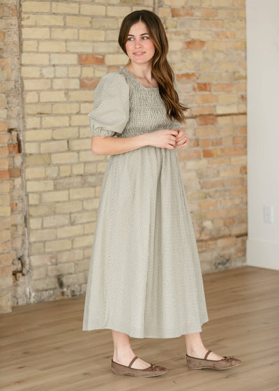 Kayleen Olive Gingham Smocked Bodice Maxi Dress