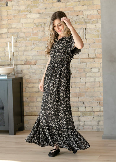 Isabella Black Floral Flutter Sleeve Maxi Dress