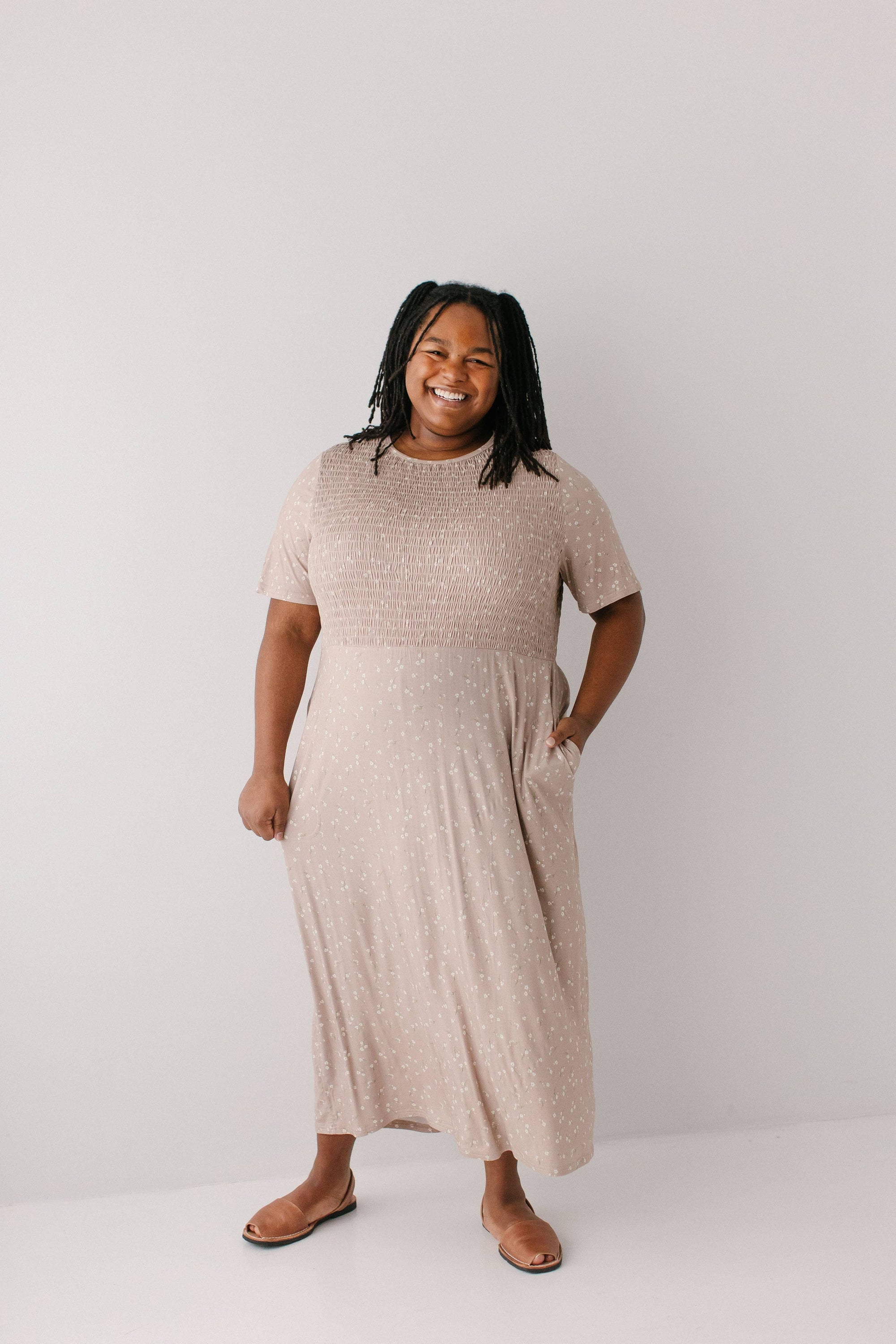 Vita' Ditsy Floral Smocked Bodice Midi Dress - JamieRose & Co. Vita' Ditsy Floral Smocked Bodice Midi Dress - JamieRose & Co.