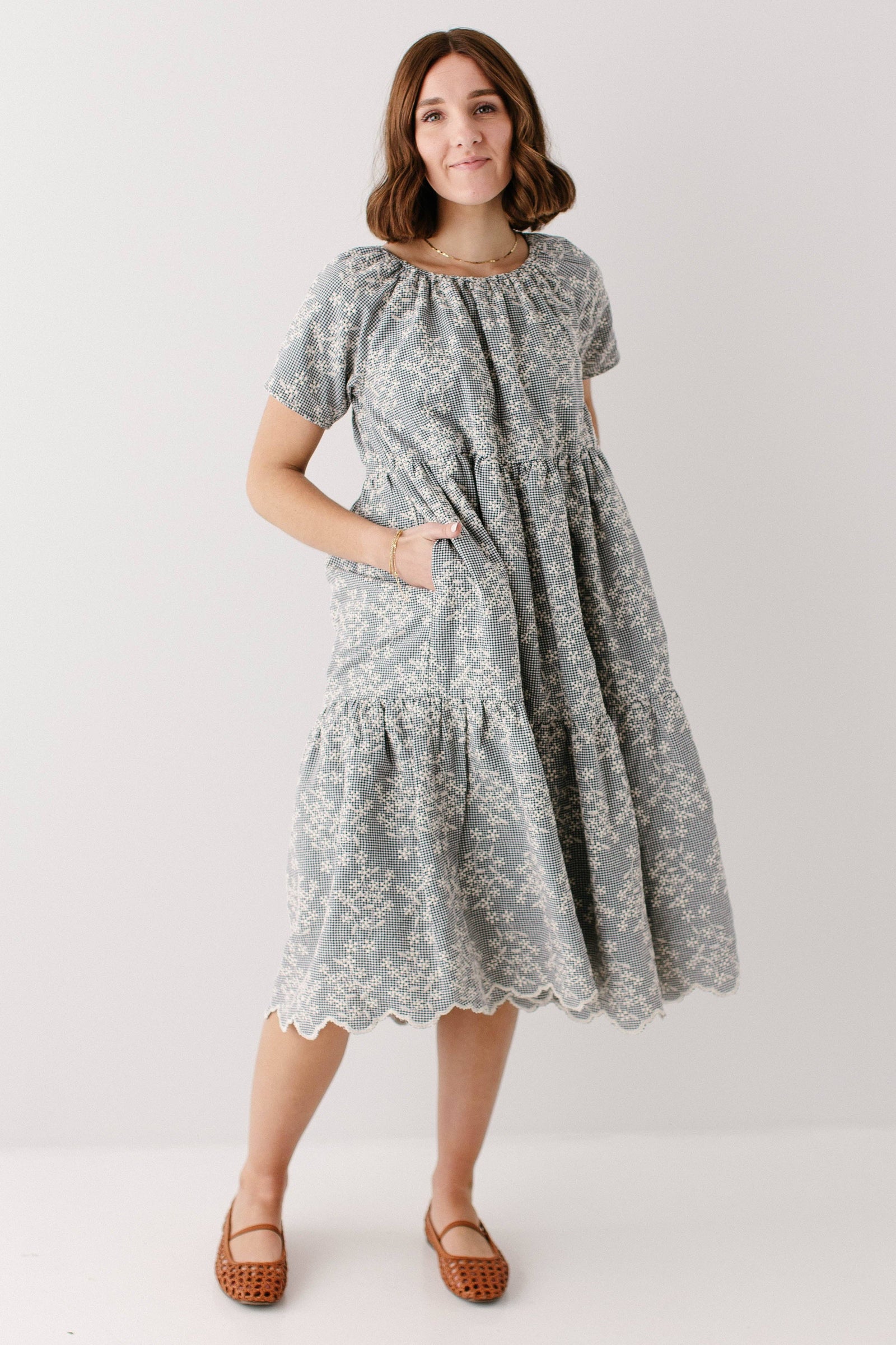 'Georgia' Embroidered Floral Gingham Midi Dress
