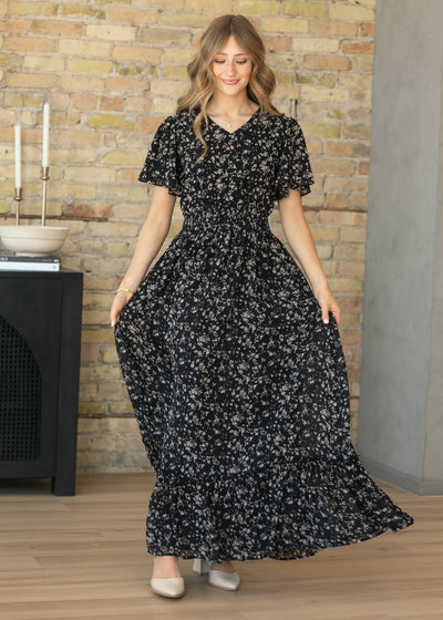 Isabella Black Floral Flutter Sleeve Maxi Dress