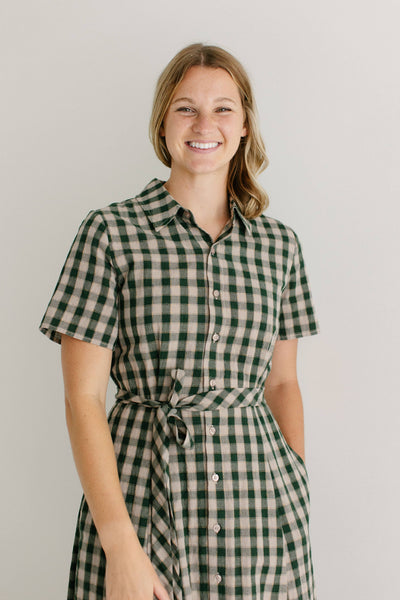 'Mae' Green Gingham A-Line Cotton Shirtdress