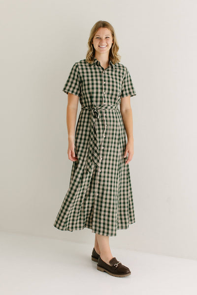 'Mae' Green Gingham A-Line Cotton Shirtdress