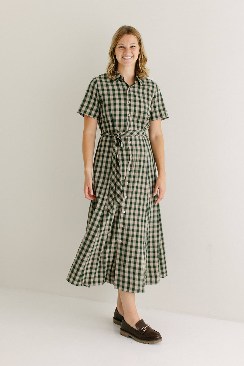 'Mae' Green Gingham A-Line Cotton Shirtdress