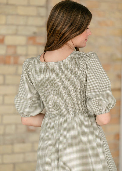 Kayleen Olive Gingham Smocked Bodice Maxi Dress