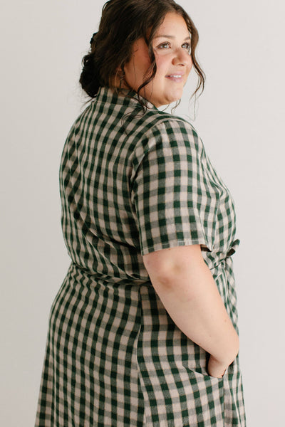 'Mae' Green Gingham A-Line Cotton Shirtdress