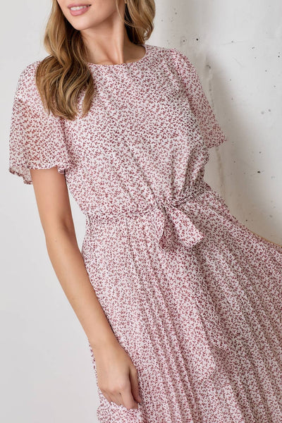 PLEATED MAXI DRESS WITH SELF TIE AT WAIST