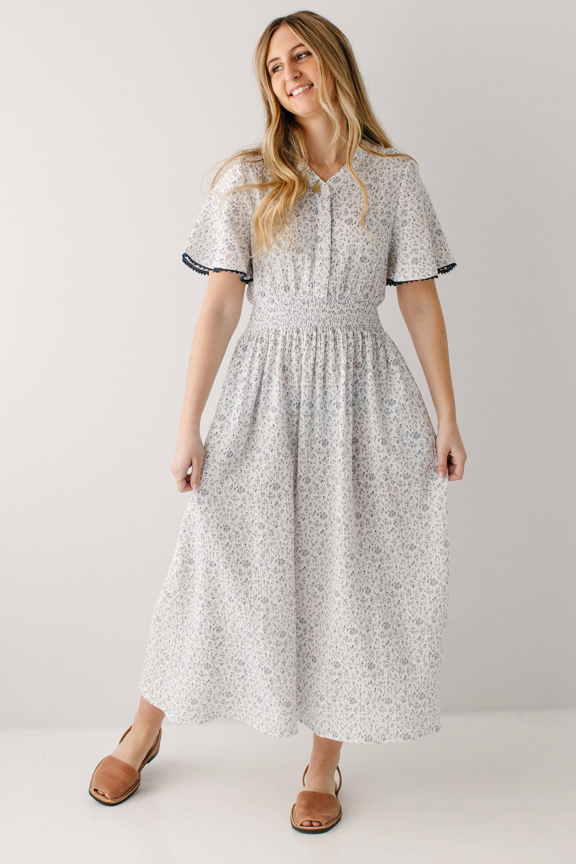 gauze midi dress Hadassah Blue Floral Gauze Midi Dress