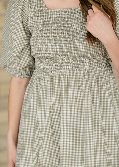 Kayleen Olive Gingham Smocked Bodice Maxi Dress