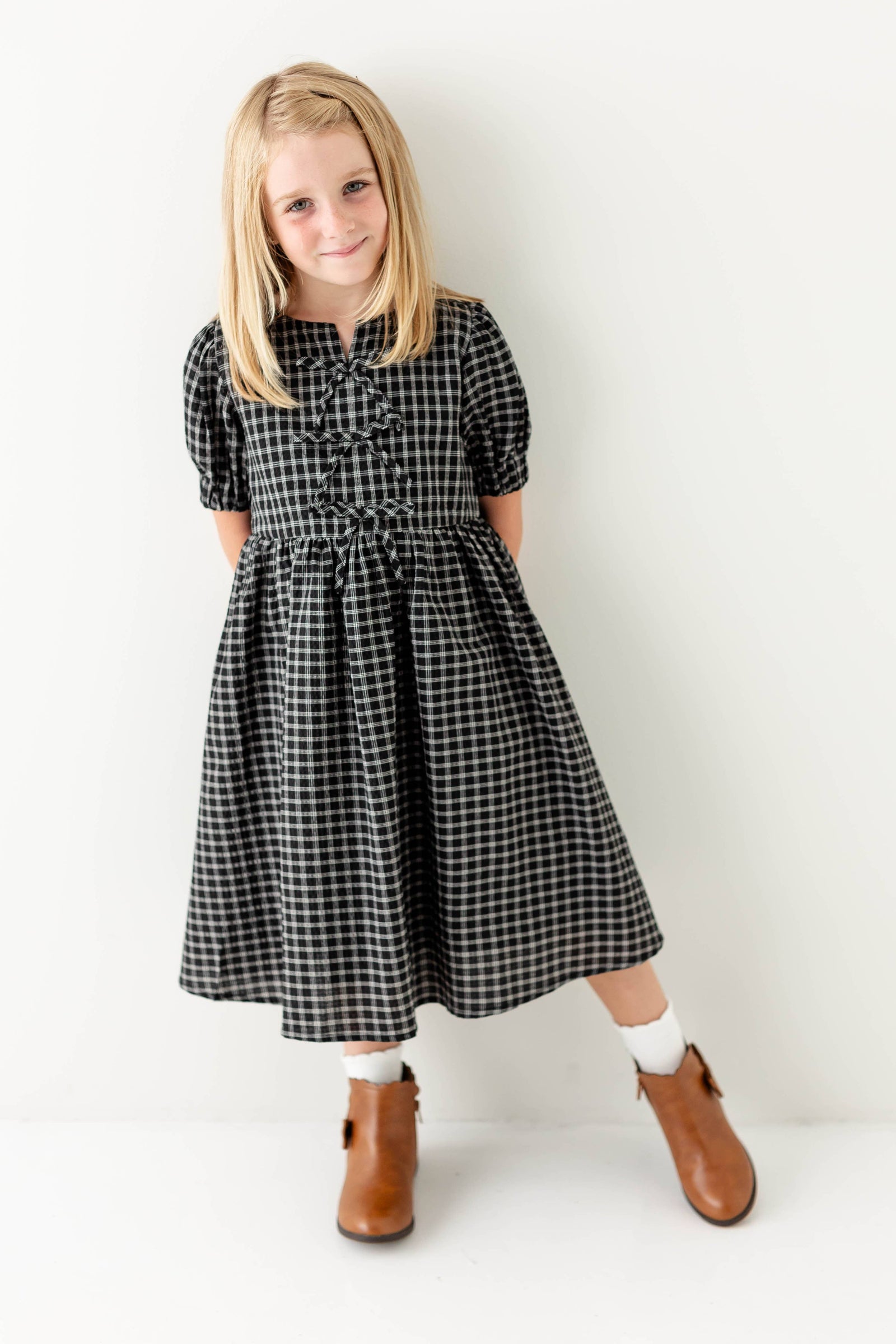 'Ellie' Girl Bow Front Plaid Midi Dress FINAL SALE