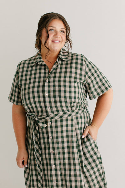 'Mae' Green Gingham A-Line Cotton Shirtdress