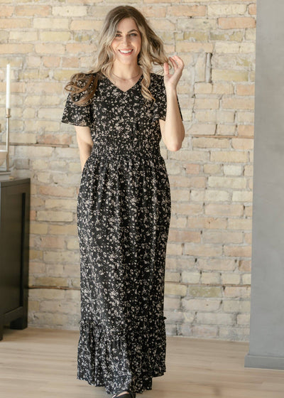 Isabella Black Floral Flutter Sleeve Maxi Dress