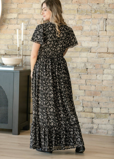 Isabella Black Floral Flutter Sleeve Maxi Dress
