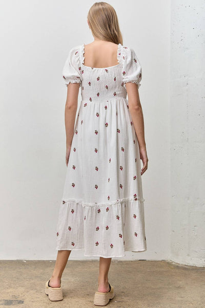FLORAL EMBROIDERED SQUARE NECK MIDI DRESS