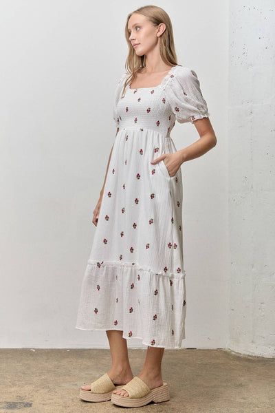FLORAL EMBROIDERED SQUARE NECK MIDI DRESS