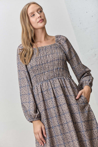 DITSY PLAID SMOCKED MIDI DRESS