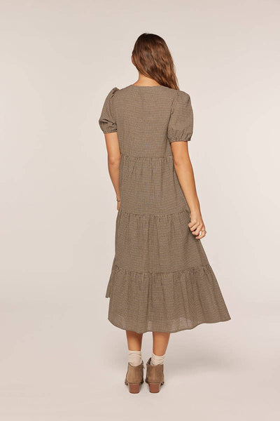 Half Button Gingham Tiered Dress