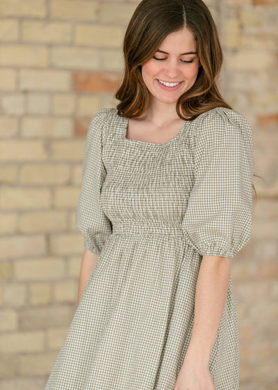 Kayleen Olive Gingham Smocked Bodice Maxi Dress
